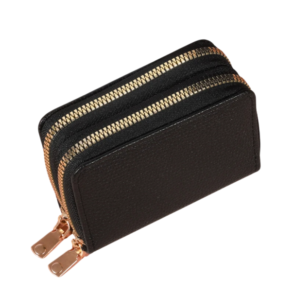 Γυναικεία δερμάτινη πορτοφόλι με διπλό φερμουάρ 11x8x4 εκ. περισσότερες από 18 θήκες 2 τσέπες για κέρματα premium τεχνητό δέρμα κομψός μαύρο