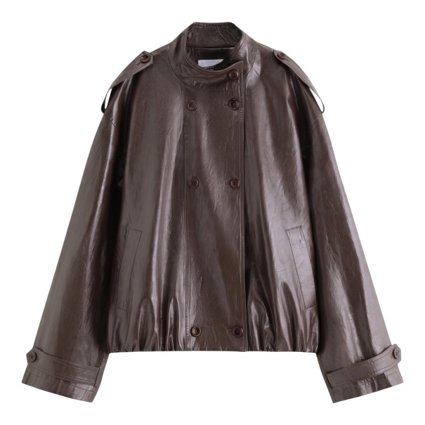 Γυναικεία oversize μπουφάν με γιακά, διπλό κούμπωμα με κουμπιά, επωμίδες και ζώνες στους ώμους, κοντό μπουφάν για την πόλη καφέ S