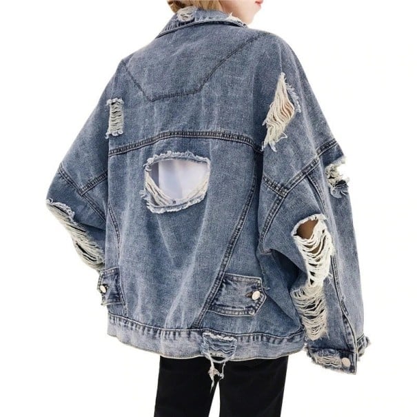Γυναικεία oversize τζιν ζακέτα με σκισμένα στοιχεία Μεγάλη κοπή στην πλάτη Φαρδιά μανίκια Ξεθωριασμένο εφέ Μπλε Πολυεστέρας με βαμβάκι και σπαντέξ L