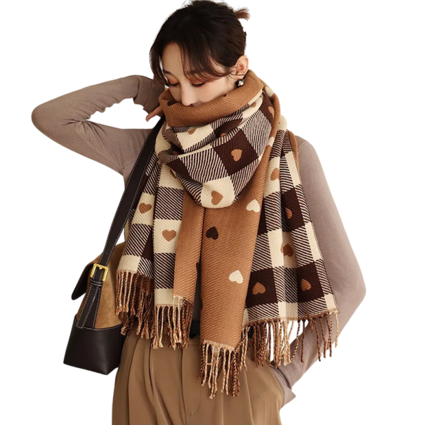 Γυναικεία Σα scarf Πολυεστερική Σα scarf με απλό σχέδιο καρό και καρδιές και φούντες στις άκρες Ζεστός κομψός μόδας αξεσουάρ Στυλάτη άνετη Σα scarf για καθημερινή χρήση καφέ