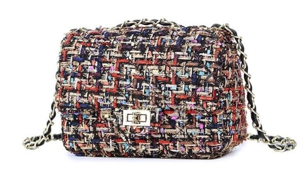 Γυναικεία τσάντα crossbody με καπάκι και αλυσίδα Δομημένο ύφασμα με εμφάνιση tweed Μεταλλικό κλείσιμο Μαλλί και PU δέρμα ουράνιο τόξο S