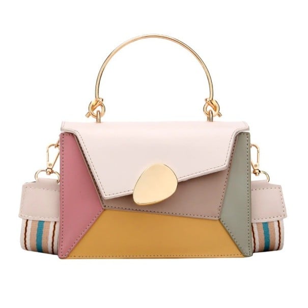 Γυναικεία τσάντα crossbody με πολύχρωμα γεωμετρικά κομμάτια και μεταλλικό χερούλι Αλυσίδα και ριγέ λουρί από PU δέρμα και πολυεστέρα 20 λευκό
