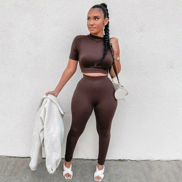 Γυναικείο crop top και κολάν B871 καπουτσίνο L