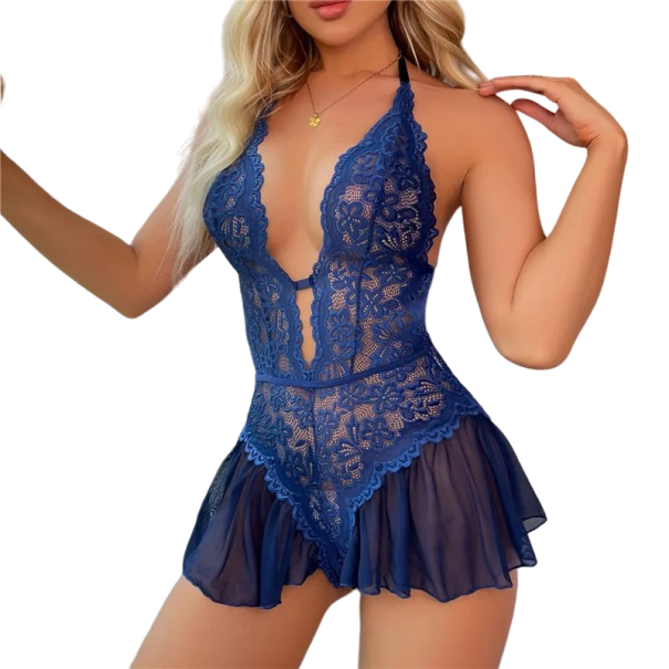 Γυναικείο δαντελωτό σώμα με βολάν μπλε M