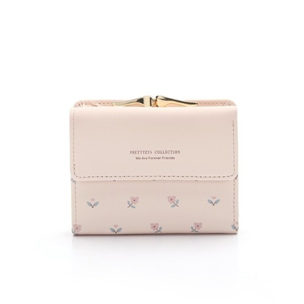 Γυναικείο μικρό πορτοφόλι με εκτύπωση μικρών λουλουδιών Μεταλλικό κούμπωμα στην κορυφή Μπροστινό καπάκι Τεχνητό δέρμα και πολυεστέρας ανοιχτό ροζ
