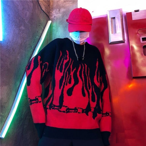Γυναικείο oversized πουλόβερ με σχέδιο φλόγας κόκκινο
