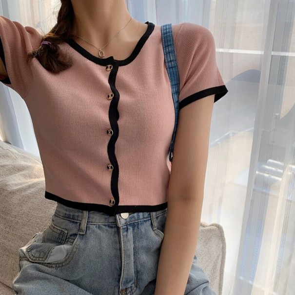 Γυναικείο πλεκτό crop top A2987 ροζ