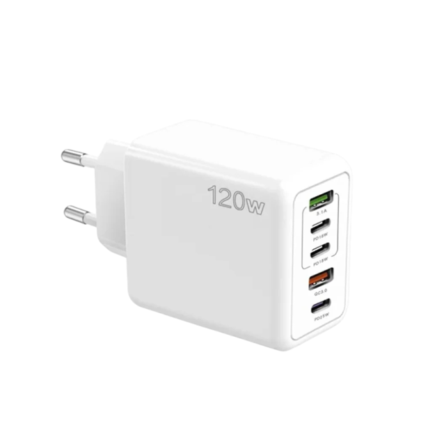 Gyorstöltő 120W 5 port 3× USB C 2× USB A adapter EU csatlakozó USB töltő több eszköz töltésére nagy teljesítményű gyorstöltés fehér