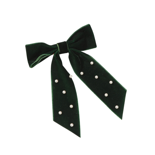 Haarspeld met fluwelen strik en parels Elegante haarversiering Stijlvol accessoire Haarspeld met parels Delicate strik voor dames en meisjes donkergroen