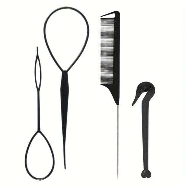 Haarstyling-Werkzeugset, 4-teilig, Haarschleifen, französische Zöpfe, Kamm mit Griff, Gummibandentferner, Friseurbedarf schwarz