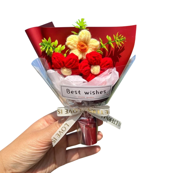 Háčkovaná kytice dekorativní květiny 20x16 cm mléčná bavlna dárková kytice pro narozeniny svátek oslavu a interiér červená