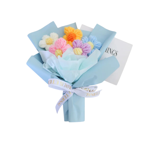 Háčkovaná kytice květin v dárkovém balení mléčná bavlna dekorativní ruční výroba pro dárek a bytovou dekoraci modrá