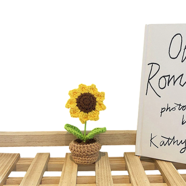 Háčkovaná rostlina v květináči slunečnice dekorativní mini květina mléčná bavlna stolní dekorace do bytu kanceláře 1