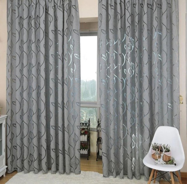 Halbdurchsichtiger Jacquard-Vorhang mit Blattmuster, eleganter langer Vorhang, gewebter Designer-Vorhang, Flächenvorhang mit Kräuselband zum Aufhängen, 100 x 270 cm grau