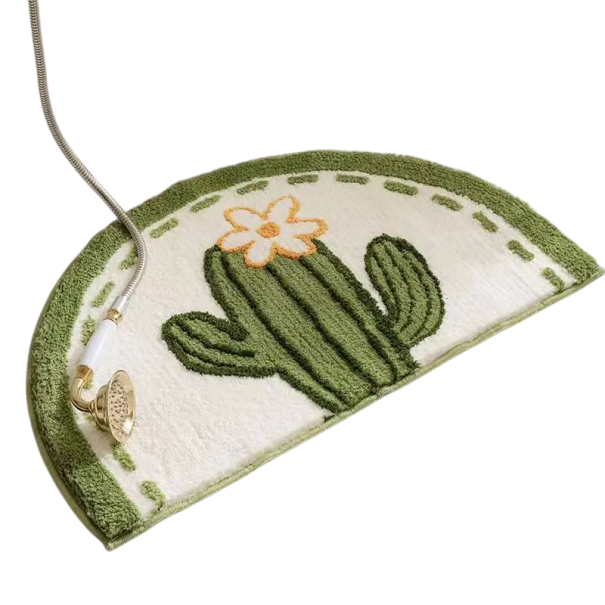 Halbrunde Badematte mit Kaktus und Blüte, 50 x 80 cm, grün-weißer Plüschdesign für den Eingangsbereich zur Badewanne