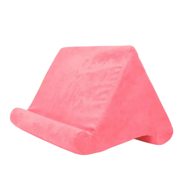 Hållare för surfplattor i svampform, 27 x 25 x 23 cm, med ryggstöd och sidofack, positioneringsdyna för läsning och videotittande rosa