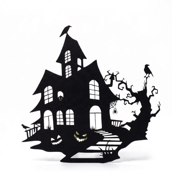Halloween Dekoration für Türen Spukhaus mit Kürbissen und Baum Metallische Silhouette Eisen Schwarz Dekoratives Schild Eingang und Innenraum 1