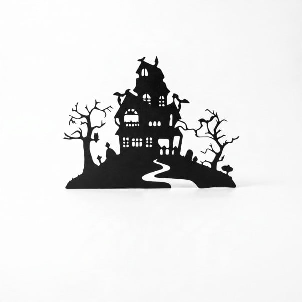 Halloween Dørdekoration Spøgelseshus med Træer og Kirkegård Bredde 30 cm Sort Silhuet Dekorativ Skilt Indgangs- og Boligudsmykning 1