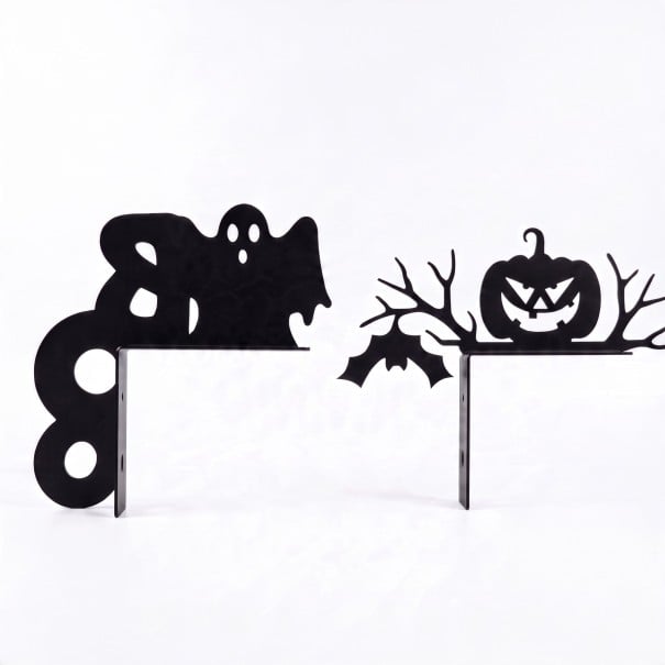 Halloween-Eckdekoration für Türrahmen Set 2 Stk Kürbis und Geist mit Fledermaus Eisen Schwarz Metallisches Dekoschild Innen- und Eingangsdekoration 1