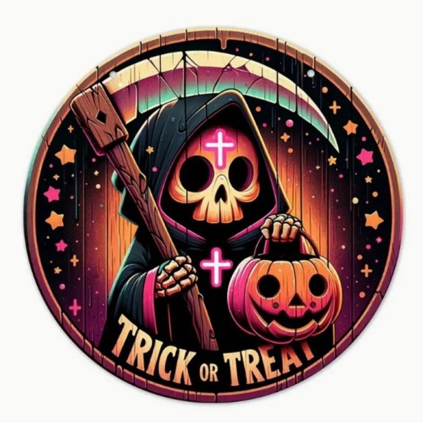 Halloween Holzdeko Holzhängeschild mit Totenkopf Runde Tafel mit Halloween-Motiv 20 cm 1