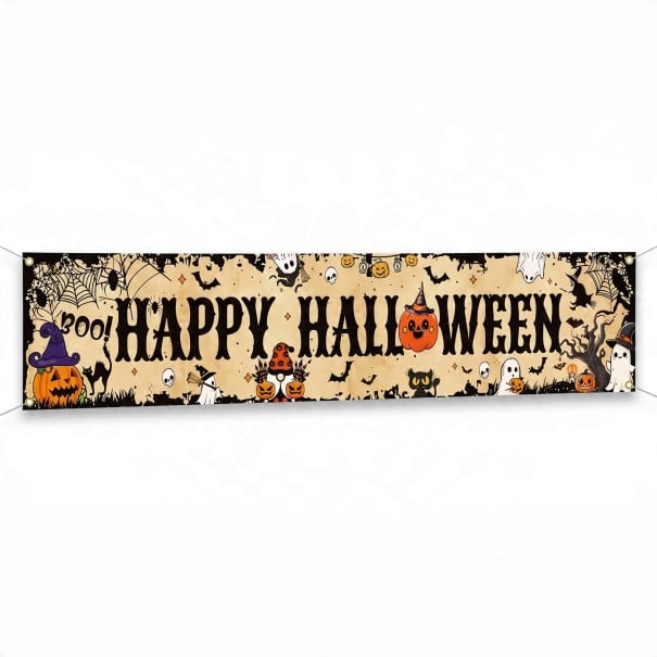 Halloweeni banner Boldog Halloweent kívánok tökök és szellemek 200 x 40 cm Poliészter fém szemekkel Bézs dekoráció kerítésre és verandára Parti tábla 1