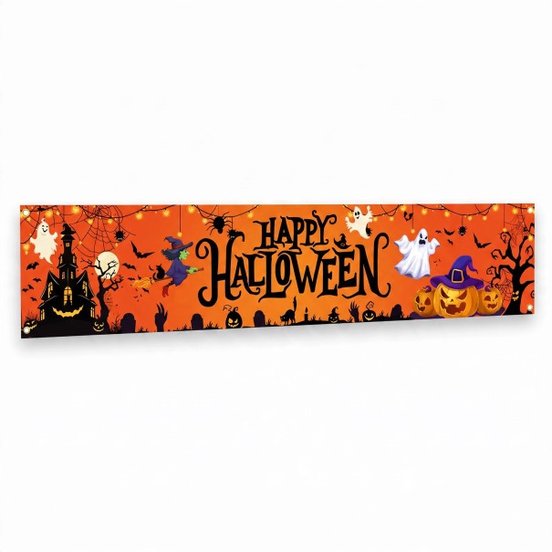 Halloweeni banner Boldog Halloweent kívánok tökök és szellemek 200 x 40 cm Poliészter fém szemekkel Narancssárga dekoráció kerítésre és teraszra Parti 1
