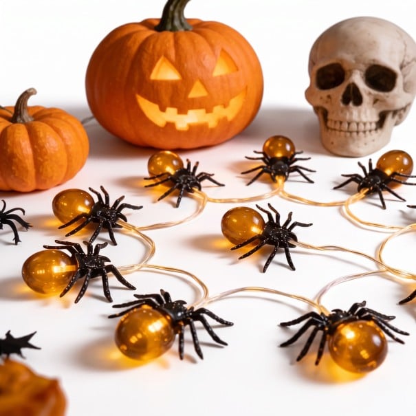 Halloweeni LED világító lánc Világító pókok Hossza 1,5 m Pók 8 x 5,5 cm Elemről működik Dekoráció Halloweenra lakásba és bulira sárga