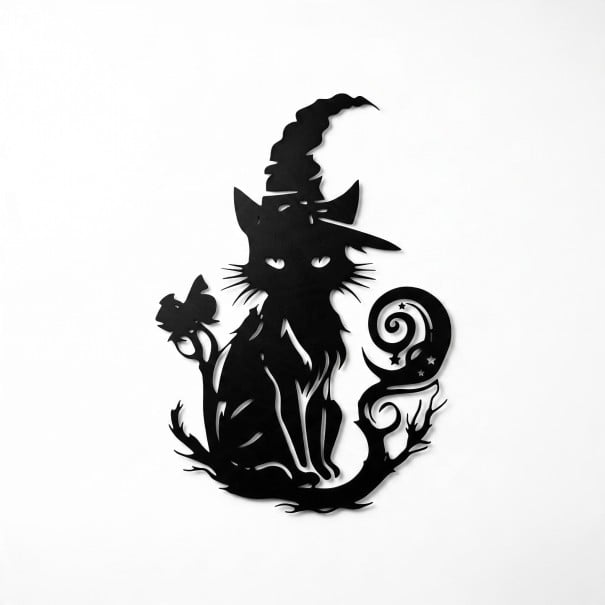 Halloweenská dekorácia na dvere alebo stenu Mačka s čarodejníckym klobúkom Výška 30 cm Kovová silueta Železo Čierna Výzdoba vchodu a bytu 1