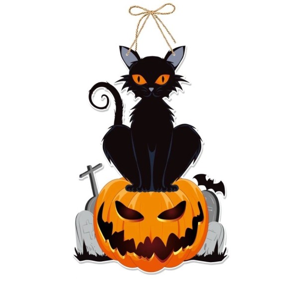Halloweenská závěsná dekorace černá kočka 40 x 27 cm 1