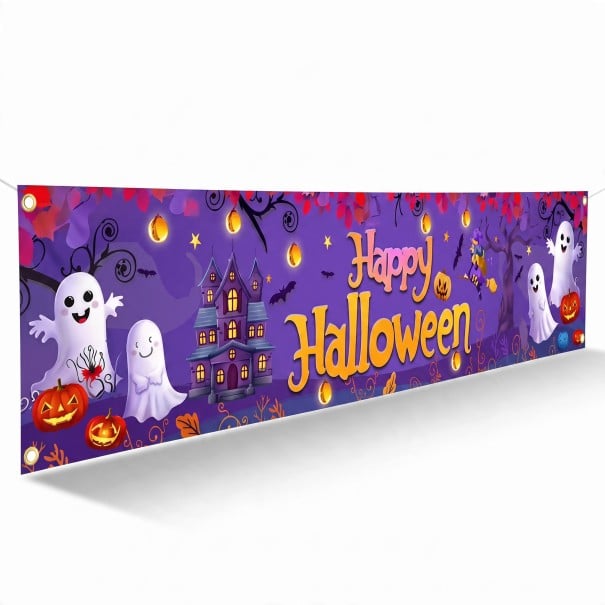 Halloweenský banner Happy Halloween S duchmi a dýňami 200 x 40 cm Polyester s kovovými očkami Fialová dekorácia na plot a verandu Párty cedule 1