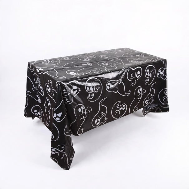 Halloweenský obrus na stôl S motívom duchov Obdĺžnikový 130 x 220 cm Lesklý povrch Čierny s bielymi duchmi Dekorácia na párty a oslavu 1