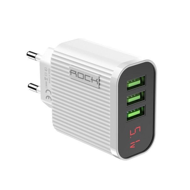 Hálózati adapter 3 USB-port kijelzővel fehér