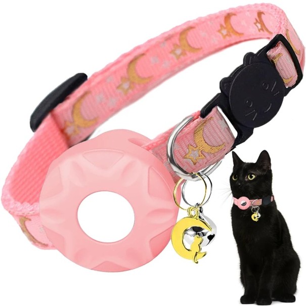 Halsband mit Halterung für AirTag für Katzen und kleine Hunde Verstellbares, bequemes Halsband mit Druck von Mond und Sternen Farbvarianten hellrosa