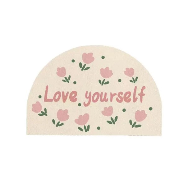 Halvcirkelformad badrumsmatta med rosa blommor och texten Love Yourself, 50 x 80 cm, krämig dekoration för ingången till badrummet 1