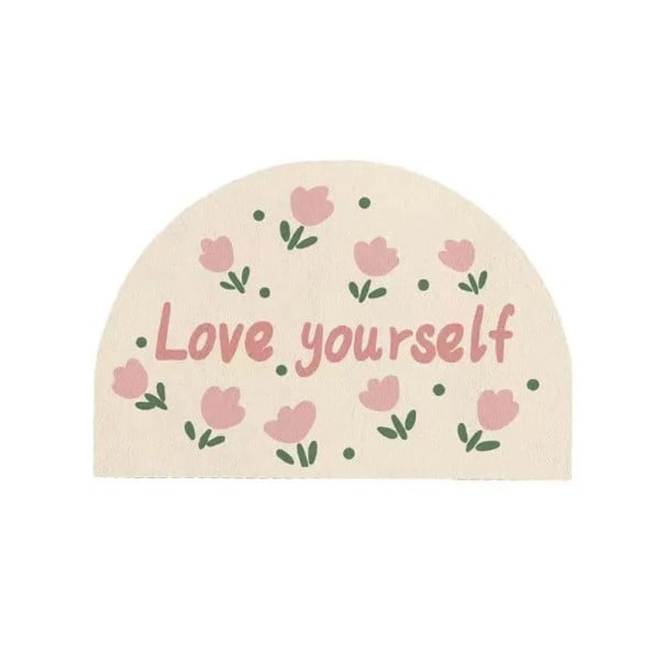 Halvcirkelformad badrumsmatta med rosa tulpaner och texten Love Yourself, 40 x 60 cm, krämig design för badrumseingång 1