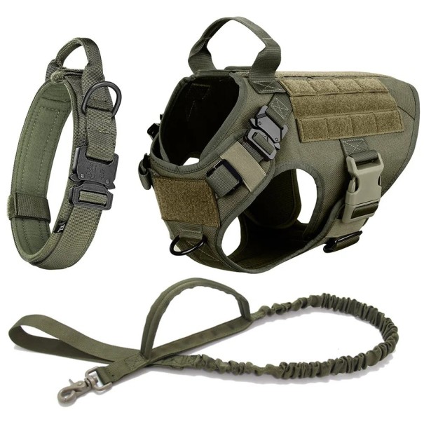 Ham militar pentru câini, zgarda și lesă, vestă de dresaj cu velcro, rezistentă, reglabilă pentru câini, ham respirabil cu mâner verde L