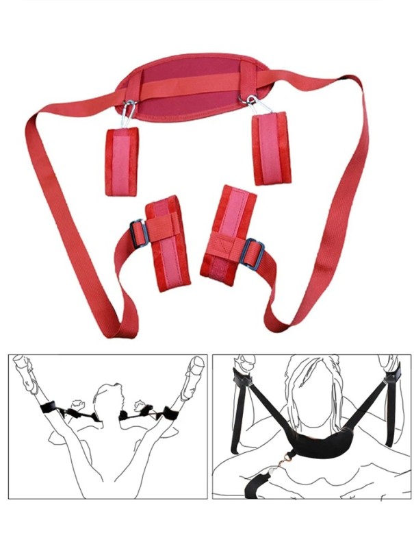 Ham textil cu cătușe, bucle pentru picioare, reglare cu velcro și suport pentru gât, design moale, ambalaj discret roșu