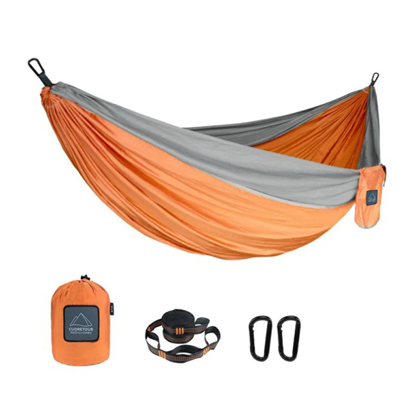 Hamaca portátil de nailon de 270 x 140 cm, individual, para exteriores, senderismo, jardín, ligera, plegable, con correas naranja