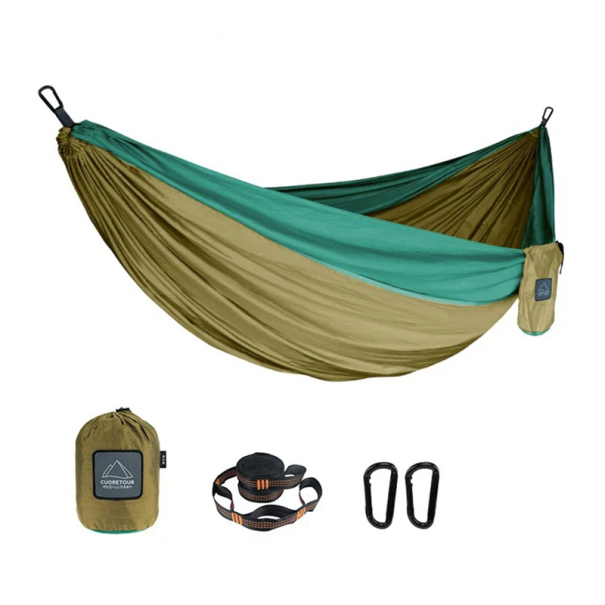 Hamaca portátil de nailon de 270 x 140 cm, individual, para exteriores, senderismo, jardín, ligera, plegable, con correas y mosquetones. verde militar
