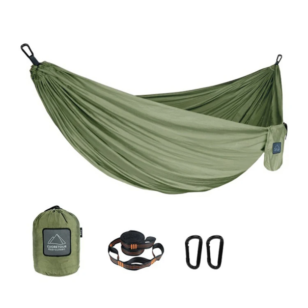 Hamaca portátil de nailon de 300 x 200 cm, doble para exteriores, camping, jardín, senderismo, con correas y mosquetones para colgar. color verde militar