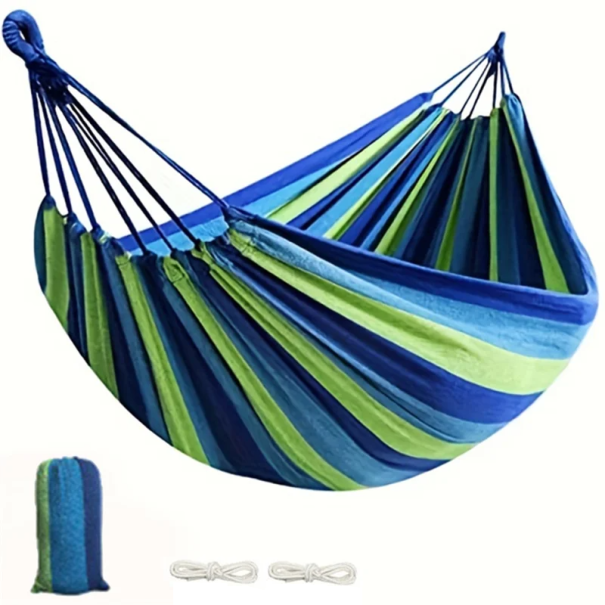 Hamak płócienny 260x80 cm Mocna szeroka huśtawka wisząca do spania, przenośna huśtawka z tkaniny do użytku na świeżym powietrzu, na kempingu i w czasie wolnym niebieski