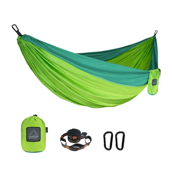 Hamaka Rete Amaca Portatile in Nylon 270x140 cm Singola Rete Turistica da Esterno Rete Leggera Pieghevole da Giardino con Cinghie e Moschettoni verde