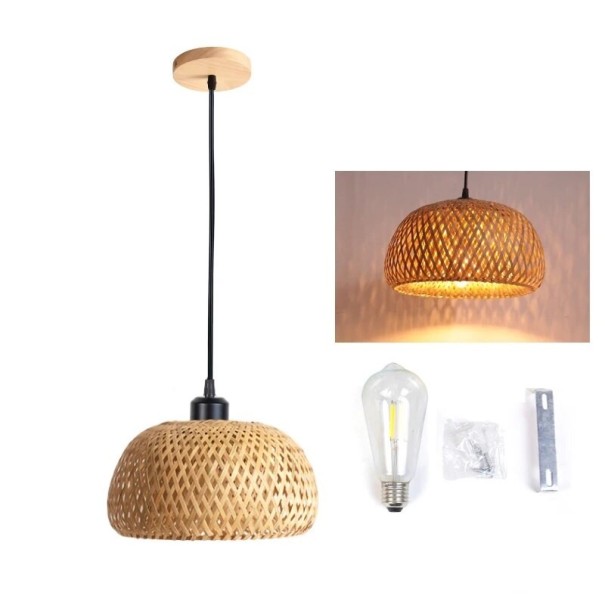 Handgefertigter Bambus-Kronleuchter mit schwarzem Hängedraht, 105 cm, handgewebte Rattan-Hängelampe, natürliche Deckenleuchte mit LED-Glühbirne E27, 30 x 16 cm 1