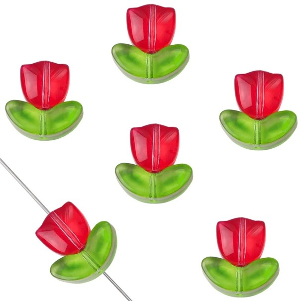 Handgemaakte glazen kralen 9 x 9 x 0,8 mm / 7 x 14 x 0,8 mm 10 stuks Bloemige tulpenpatroon Decoratieve kralen voor het maken rood