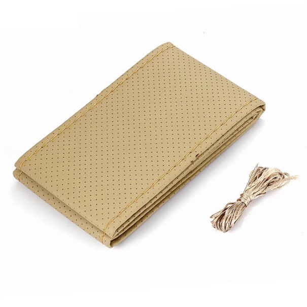 Handgenähte Lenkradhülle 38 cm Kunstleder mit Nadel und Faden Zopf am Lenkrad Autohülle Elegante Innenausstattung Anti-Rutsch-Accessoire beige