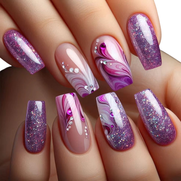 Handgeschilderde kunstnagels 24 stuks Vierkante vorm voor thuis manicure Originele nagelkunst met gedetailleerde decoratie 1