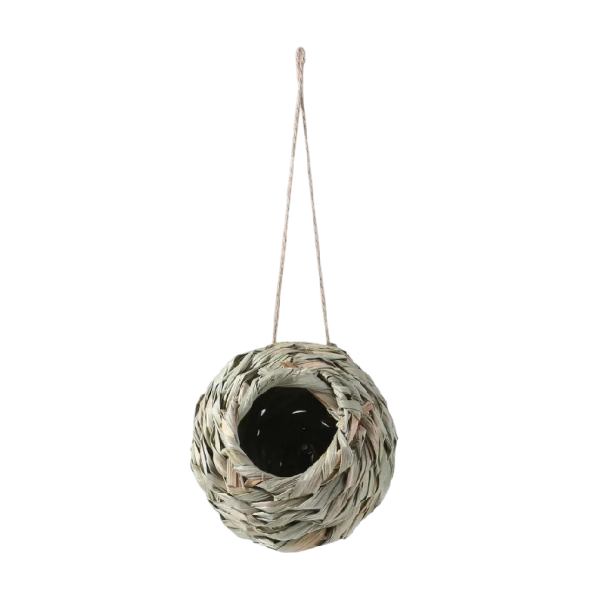 Handgewebtes hängendes Vogelhaus 12x12 cm Schilf naturbeige Eingang 6 cm für Garten Volieren für kleine Vögel
