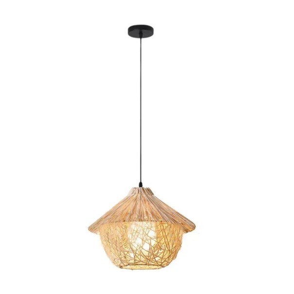 Håndlavet rattan pendellampe naturlig hængende lysekrone skandinavisk stil loftlampe i træ med sort justerbar ledning 120 cm 29,5 x 22 cm 1
