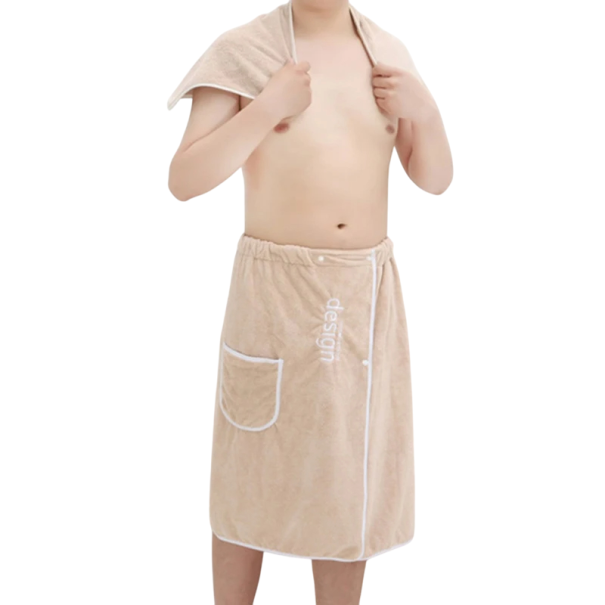 Handtuchset 70x140 cm mit Tasche und Knöpfen + 35x75 cm Wellness Badetuch und kleineres Handtuch Baumwollset Saugfähiges Körperhandtuch Badezimmerset beige
