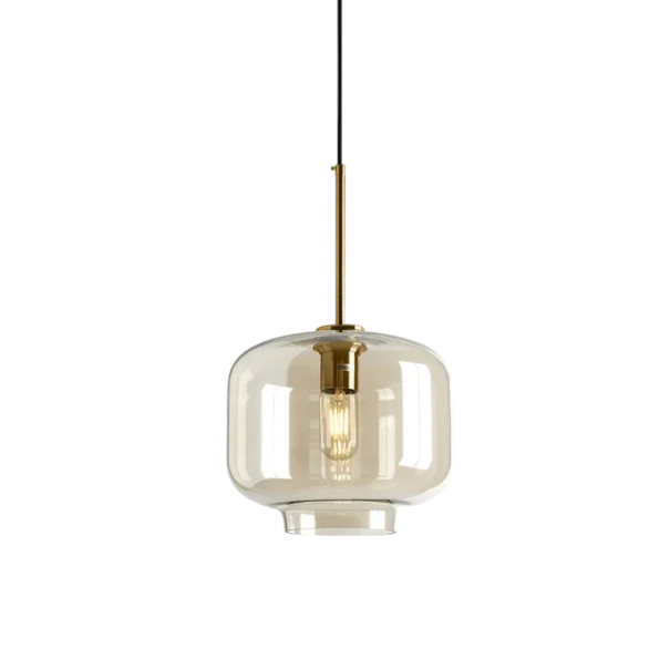 Hängelampe mit bauchigem Glas-Schirm Durchmesser 25 x 21 x 39 cm mit Stange Basis 10 cm Kabel 150 cm Metall E27 über dem Esstisch